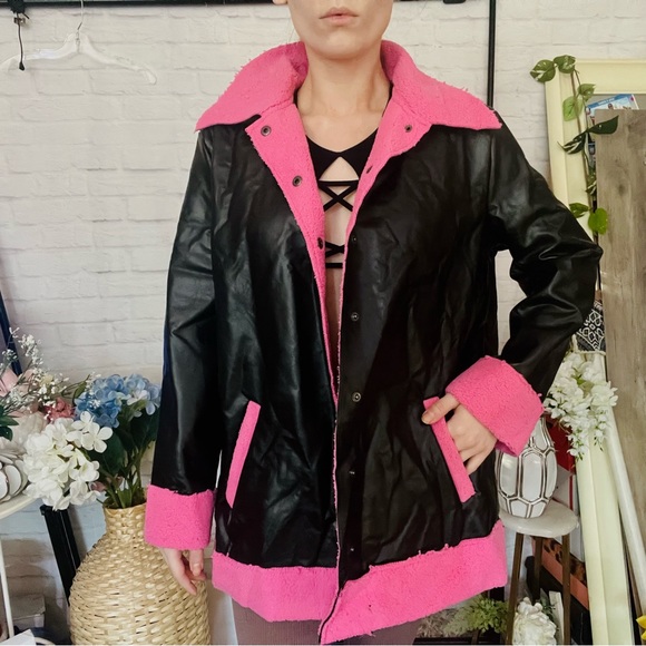 Black Leather Pink Sherpa Coat - Picture 3 of 13